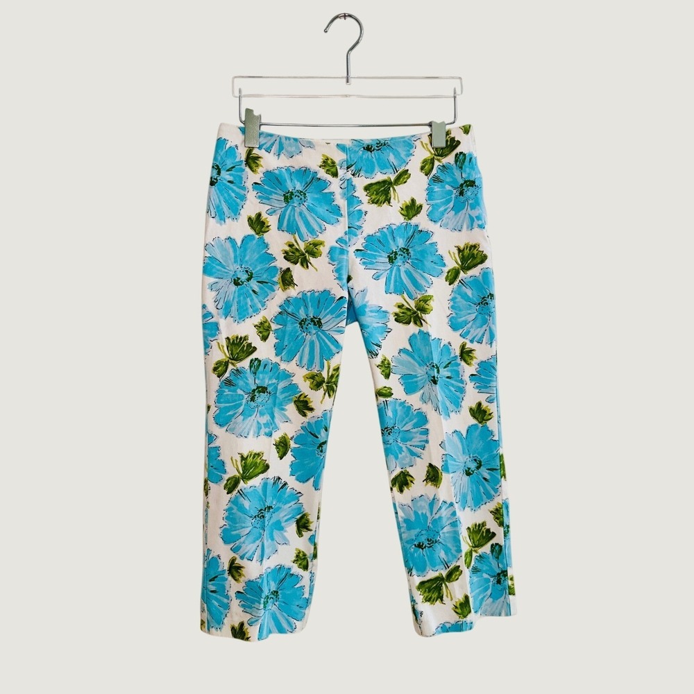 United Colors of Benetton SZ 4/6 Cotton Floral Capris Blue White Green Summer